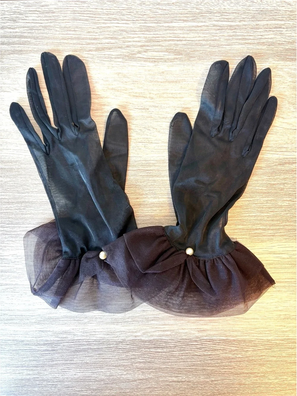Vintage Black Sheer Nylon Gloves Tulle Ruffle Cuffs Faux Pearl Formal 1960s